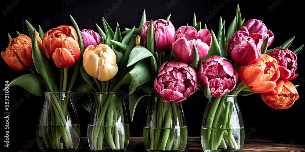 Poster a brightly colored tulips create a vibrant and cheerful atmosphere - generative ai.