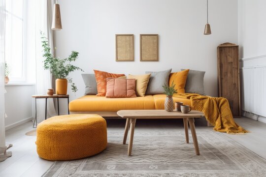 Copy space on vacant white wall of stylish living room with yellow and orange accents. Generative AI