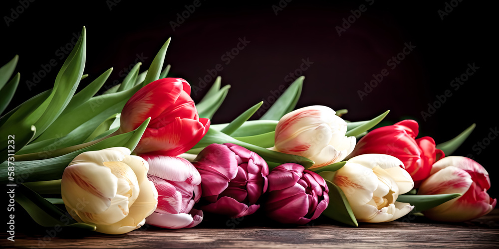 Aufkleber delicate tulips in a vibrant array of colors adorn a fresh hd background - generative ai.