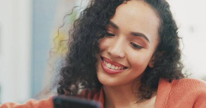 Smile, woman and smartphone in lounge, face and reading social media post, online meme and relax. Happy female reading cellphone chat in house, download mobile games and texting contact on technology