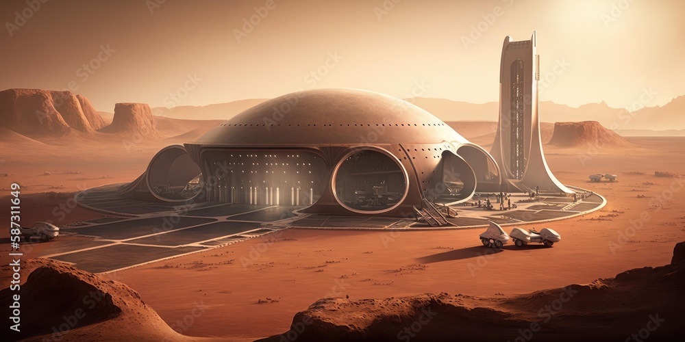 Aufkleber futuristic building habitat on mars settlement from sci-fi novel. superlative generative ai image.
