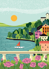 Summer or spring landscape. Colorful poster with houses and trees stand near ocean or sea. Yacht sails to small town at sunny season. Beautiful natural panorama. Cartoon flat vector illustration