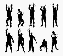 Set silhouettes athletes weight lifter lift kettlebell, weights. Weight lifting. Pull, push, bench press