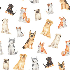 Watercolor seamless pattern with cartoon dog breeds. Cute hand-drawn texture with different dogs. Pattern with sitting dogs for textile or wrapping paper