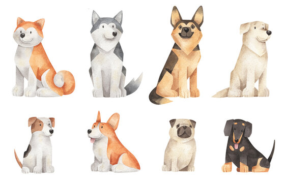 Watercolor cartoon dog breeds. Cute hand-drawn illustrations of different dogs. Set of sitting dogs - akita inu, dachshund, labrador, jack russell, shepherd, corgi,  pug and husky