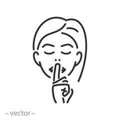 woman asking for silence icon, do not disturb, gesturing quiet, finger in front of mouth, line symbol on white background - editable stroke vector illustration eps10