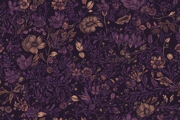 purple and gold floral pattern on a textured purple background. Generative AI