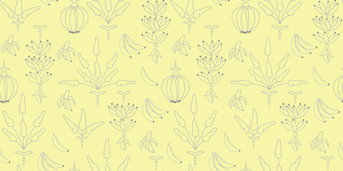 tropical banana pattern seamless vector with banana leaves and floral elements yellow and grey for background, surface design textile and fabric