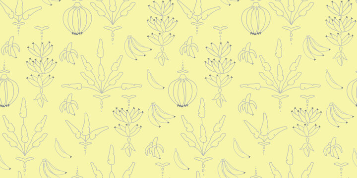 tropical banana pattern seamless vector with banana leaves and floral elements yellow and grey for background, surface design textile and fabric