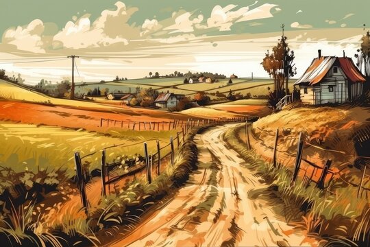serene country road leading to a rustic barn in the distance. Generative AI