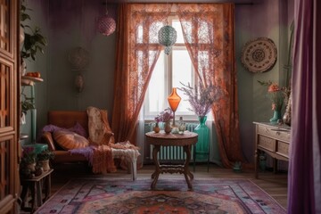 Moscow, Russia, May 18, 2019 Retro bohemian room with antique floor light. Spring lilac in vase. Comfortable lounge. Decor. Indian ethnic table. Generative AI