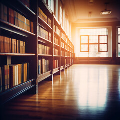 Obraz premium Blurred public library interior space. Learning and education concept background. generative ai. Defocused bookshelves with books - vintage tone
