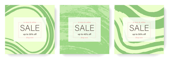 Set of editable web templates for spring sale. Minimalistic vector illustrations in pastel warm green colors with abstract elements.