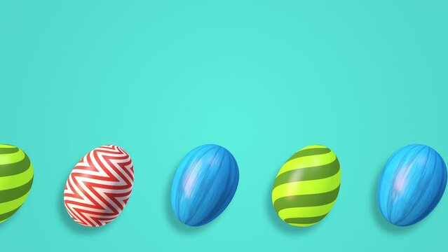Easter colorful eggs rolling in one direction Concept of easter day celebration, loopable