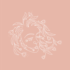 Logo Woman face with flowers. Woman vector lineart illustration. Elegant Feminine Beauty Logo. Woman Line Art Minimalist Logo. Botanical print.
