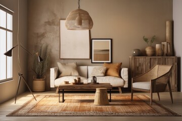 Basic living room design, farmhouse wooden furniture, light beige interior backdrop,. Generative AI