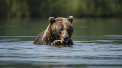 Fototapeta na wymiar brown bear in the lake eating a fish