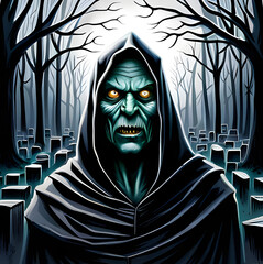 Demon na cmentarzu. Ilustracja Helloween, horror. Wygenerowana przez AI. - obrazy, fototapety, plakaty
