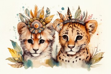Fototapeta na wymiar Adorable creatures. Hand drawn baby cheetah and tiger. Nursery friendly. Boho, feathered headdress. Generative AI
