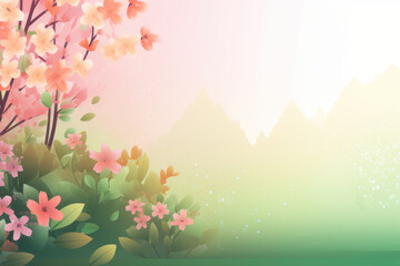 Spring background. Blooming cherry trees with pink flowers. AI generative.