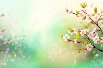 Obraz na płótnie Canvas Spring background. Blossoming cherry tree and butterfly. AI generative.
