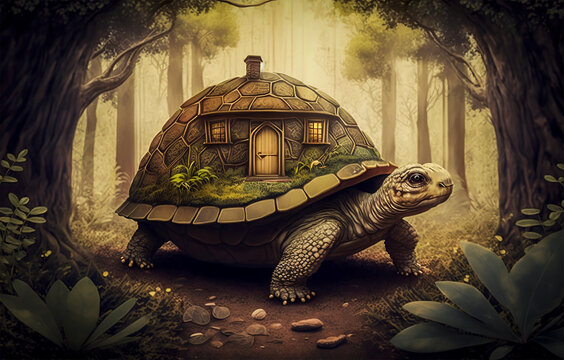 Tortoise With a Home On It's Back.   Generative AI.
An illustration of a tortoise walking through a forest with a house on it's shell.