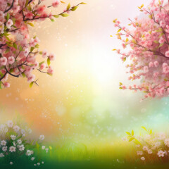 Plakat Spring background. Blooming cherry orchard. AI generative.