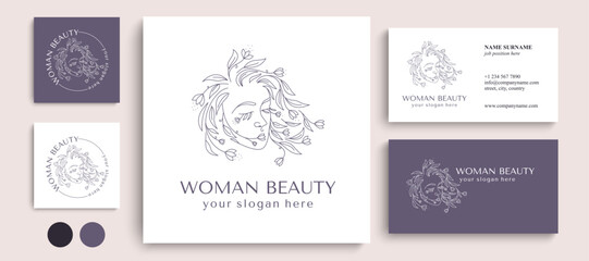 Logo Woman face with flowers. Woman vector lineart illustration. Elegant Feminine Beauty Logo. Woman Line Art Minimalist Logo. Botanical print.