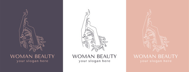 Logo Woman face with flowers. Woman vector lineart illustration. Elegant Feminine Beauty Logo. Woman Line Art Minimalist Logo. Botanical print.