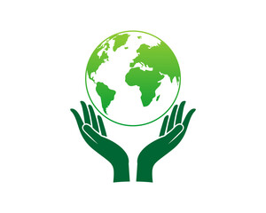 Hand care with green world map vector logo