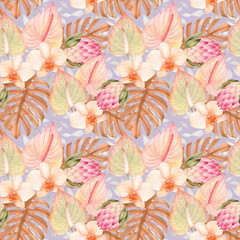 Watercolor tropical clipart with leaves, anthurium flower, dry flora, pampas grass, cotton. Hand painted watercolor Exotic jungle set . Botanical hand drawn illustration