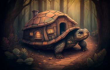 Tortoise With a Home On It's Back.   Generative AI.
An illustration of a tortoise walking through a forest with a house on it's shell.