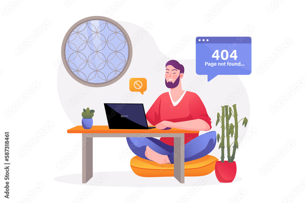 Poster 404 not found asian concept with people scene in the flat cartoon style. programmer trying to solve 