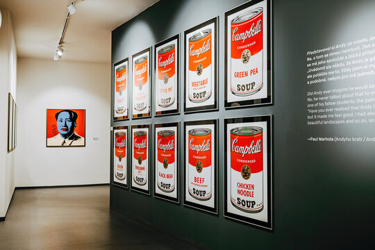 Prague, Czech - March 2023. Andy Warhol Campbells soup exhibition in Gallery.