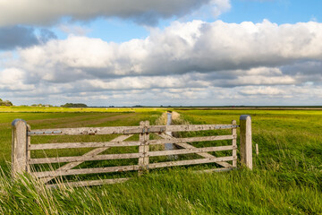Fototapeta premium Dike landscape in St. Peter-Ording, North Friesland, Schleswig-Holstein, Germany, Europe