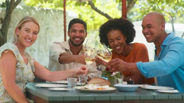 Group of friends visiting vineyard sitting at outdoor table of restaurant and making a toast with white wine looking into camera - shot in slow motion