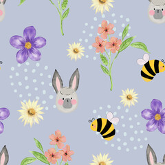 Cute bunny rabbit and bee blooming seamless pattern in cartoon style seamless repeat