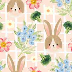 Cute bunny rabbit sweet flowers blooming seamless pattern in cartoon style seamless repeat