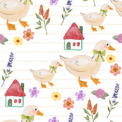 Cute bunny rabbit and duck flowers blooming seamless pattern in cartoon style seamless repeat