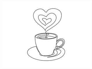 One continuous single line of hand drawn with cup of coffee decorated with heart symbol isolated on white background.
