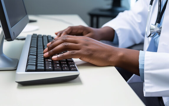 Black healthcare worker hands typing on keyboard in an exam room of a doctor’s office or hospital. Generative AI