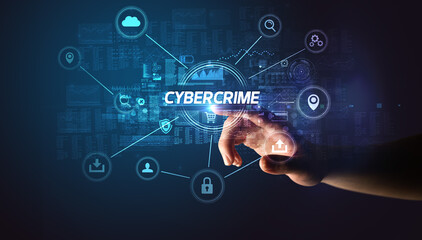 Hand touching cybersecurity button concept