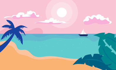 Fototapeta na wymiar Summer time fun concept design. Creative background of landscape, panorama of sea and beach. Summer sale, post template 