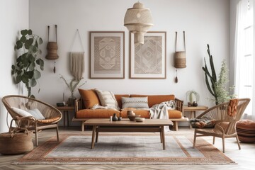 Warm gray Scandinavian bohemian living room,. Generative AI