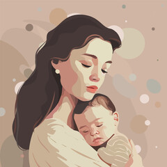 Tender portrait woman with a baby in her arms. Card for Mother's Day. Postpartum happy period. The concept of motherhood and health. Pastel natural colors