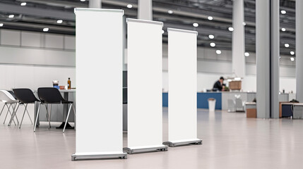 Mockup of three Vertical roll up banner at a trade fair - Generative AI - obrazy, fototapety, plakaty