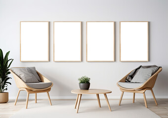 Mockup of four empty picture frames in a modern living room - Generative AI - 587319675