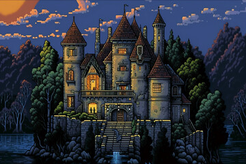 castle at dusk, 1990s point and click 16bit adventure game. digital art illustration. generative AI