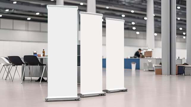 Mockup of three Vertical roll up banner at a trade fair - Generative AI