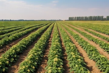 Fototapeta na wymiar Beautiful white potatoes, commercially attractive, beautiful green beds on the farm, ai